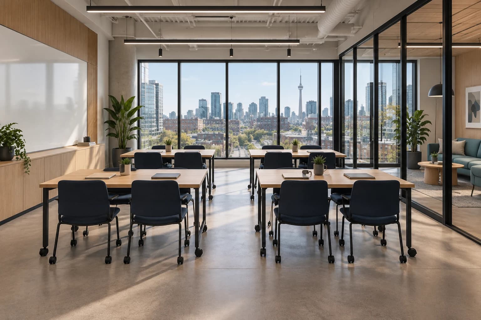 Illustrative learning room with six mobile oak tables in two columns, navy chairs, a teaching wall left and glazed breakout lounge right.