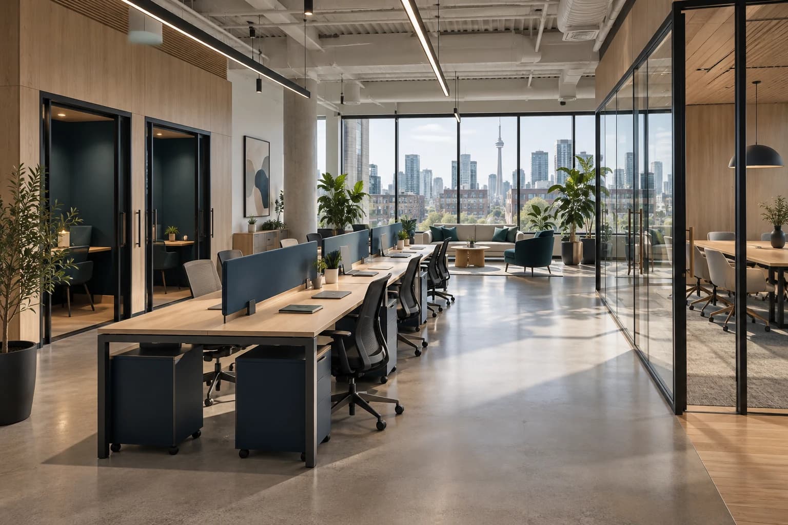 Illustrative Northline interior: paired oak workstations, two focus rooms to the left, glazed meeting room right and a lounge by Toronto-view windows.